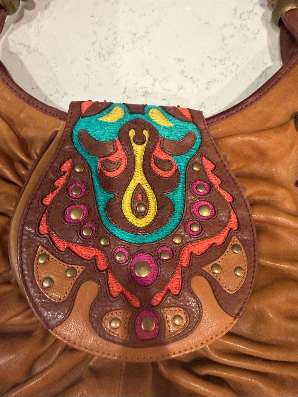 Y2K Colorful Western Brown Leather Shoulder Bag with Multicolor and Stud Flap - Picture 7 of 16